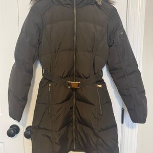 London Fog Dark Brown Puffer Jacket with Fur Trim
